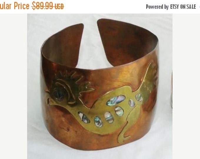 Storewide 25% Off SALE Vintage Abalone Hecho Mexican JUMBO Designer Cuff Bangle Bracelet Featuring Unique Roadrunner Inlaid Design On Copper