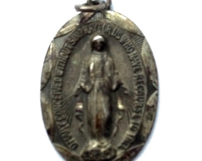 Storewide 25% Off SALE Vintage 1830's Sterling Silver Holy Mother Mary Pray For Us Pendant Charm Featuring Sacred Prayer & Detailed Design W