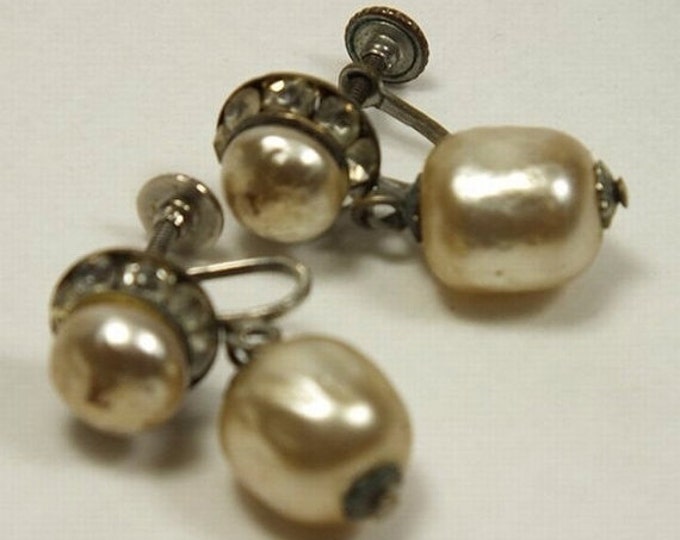 Storewide 25% Off SALE Lovely Pair of Vintage Styled Dangling Pearl Screwback Earrings Featuring Iconic Victorian Silver Settings with Chann