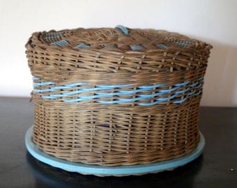 Vintage Sewing Basket, a Round Wicker Basket with Lid