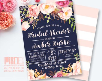 Navy Bridal Shower Invitation Printable, Floral Bridal Shower Invite, Blush Peony Stripes, Rustic Boho, Bridal Brunch, Bridal Luncheon