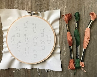 Embroidery Kit - Potted Prickly Pear Embroidery Kit with 5 Inch Hoop - Cactus Embroidery - DIY