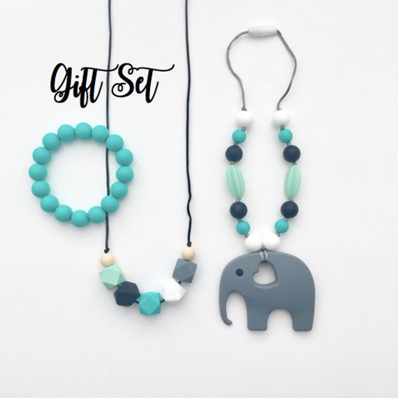 Silicone Teething Accessory Gift Set | Baby Boy or Gender Neutral! Silicone Teething Necklace for Mom