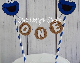 Cookie Monster Cake topper "One" Sesame Street Cake Topper Birthday bunting- Any age and name available