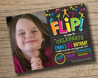 Gymnastics Invitations, Gymnastics Birthday Invitations, Gymnastics Party, Gymnastic Invite Trampoline Invitation Chalkboard (PHOTO)