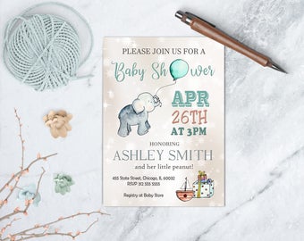 Elephant Baby Shower Invitation, It's a Boy, Little Peanut Baby Shower, Baby Shower Invitation, Boy Baby Shower, Elephant & Balloon DIGITAL
