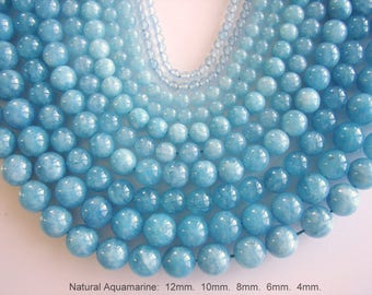 SALE. Natural Aquamarine Bead Strands, Round, Aquamarine, 12mm, 10mm, 8mm, 6mm, 4mm, Hole: 1mm; about 15inch. (BD-A336-338)