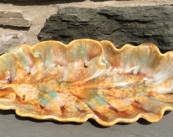 Vintage Leaf Pottery USA...Gold. Blue. Ivory. Platter. Old. Handmade. Retro. Scalloped. Tray. Footed.
