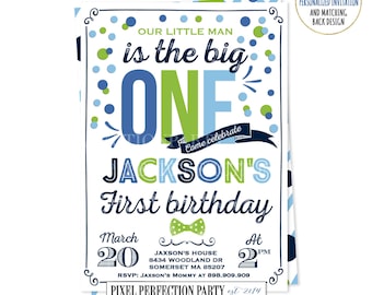 Boy First Birthday Invitation Boy 1st Birthday Invitation Colorful Navy Blue Green Light Blue Polka dot Invite Boy First Birthday Party