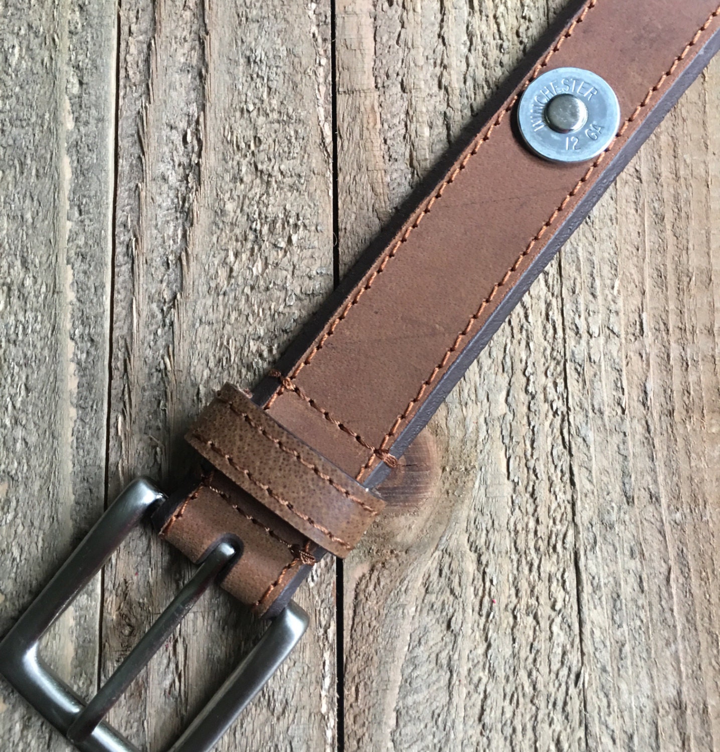 Mens brown leather shotgun shell accented belt fathers day