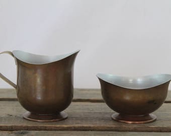 Small Vintage Copper Cladded Creamer and Sugar Set