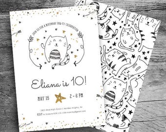 Kitty Cat Birthday Invitation - Boho Kitty Birthday Party - Birthday PAW-TY Invitation - Pet Themed Birthday Party - Black & Gold - Digital