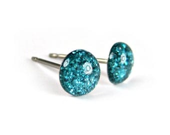 Nebulas Spin Glitter Stud Earrings, Teal Studs, Tiny Stud Earrings, Holographic, Pure Titanium Earrings, Surgical Steel, Canadian Seller