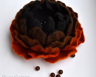 Felt Brooch Merino wool brooch Orange Black Flower Brooch Floral jewelry Flower accessory Felt Flower Pin Wool Brooch Birthday Gift