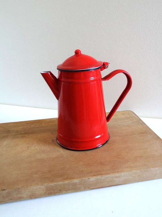 French Vintage Red Enamel Coffee Pot Mid Century Enamelware 4442