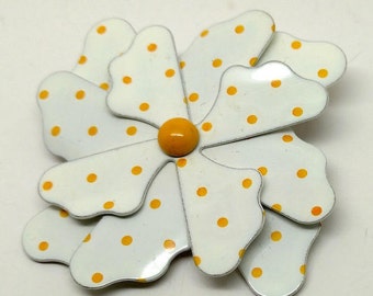 Vintage White with Yellow Polka Dot Metal Flower Brooch