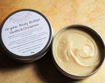 Vanilla Cinnamon Organic Body Butter, Moisturizer, Travel Size, Skincare, Made w/ Essential Oils, Cocoa Butter, Raw Shea Butter, Vegan, 2oz.