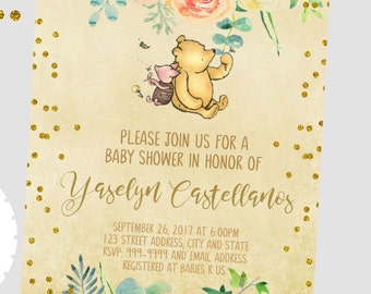 50% off Winnie the Pooh Baby Shower Invitation, Winnie Shower, Winnie the Pooh Invitation, Back included- printed