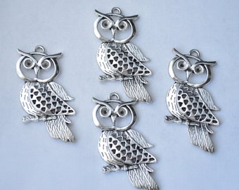 2 Pcs Large Owl Charms Owl Pendants Antique Silver Tone 54x26mm - YD0409