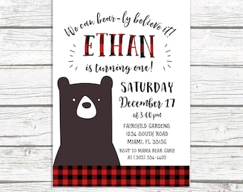 Bear Birthday Invitation, Lumberjack Birthday Invitation, First 1st Birthday Boy, Flannel Buffalo Plaid Invitation, Printable Invite