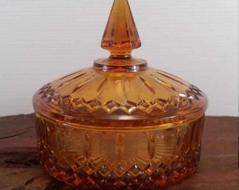 Indiana Glass Company Princess Pattern Amber Glass Dish With Lid,Amber Glass Candy Dish, Decorative Amber Glass Dish With Pointed Lid