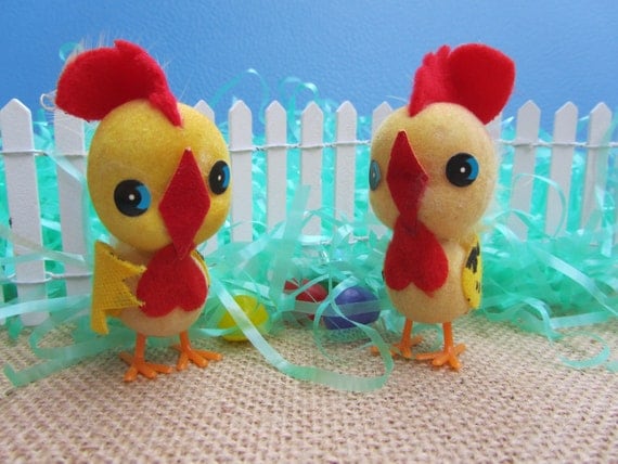 Easter Chick Rooster Decoration Kitschy Yellow Flocked Spun Cotton Chicken Pair Vintage Japan Novelty Animal Spring Art Fun Retro Gift