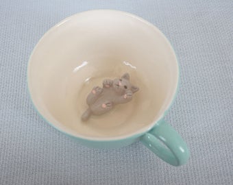 Mug ceramic blue tea cup with grey cat - tiled kitten animal figurine miniature surprise