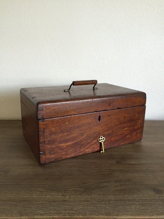 Antique Dovetailed Wood Chest Box with Lock and Key Antique