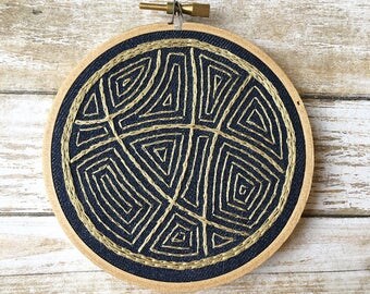 navy and gold embroidery hoop art/navy and gold decor/abstract embroidery/modern embroidered art/abstract wall art/geometric wall art
