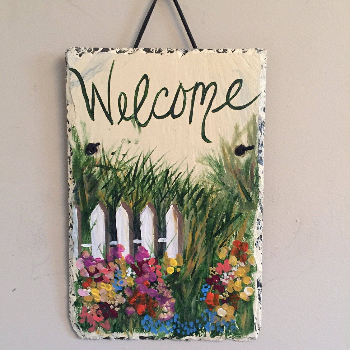 spring garden painted slate welcome sign, welcome door hanging spring garden painted slate welcome sign, welcome door hanging