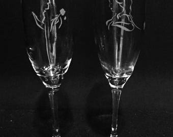 Beauty and Beast wine glass set ~ Belle wine glass ~ Etched champagne flute ~ Princess gift ~ Fairy tale gift ~ Princess wine glass
