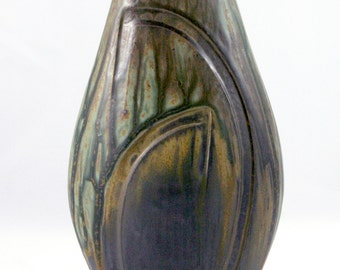 Cocoon Vase, Handmade Stoneware Vase, Thrown and Altered, Green, Gold, and Black
