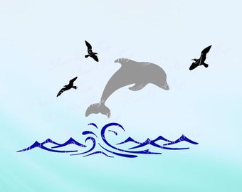 Dolphin SVG, Waves Svg, Animal Svg, Wall Design Svg, Sea Life Cut File, Dolphin DXF, Birds Svg, Dolphin Waves Silhouette, Digital File