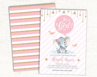 Girl Elephant Baby Shower Invitation. Pink and Gold Party Invite. First Birthday Party. Twinkle Little Star. Glitter. Little Peanut. EL-B5