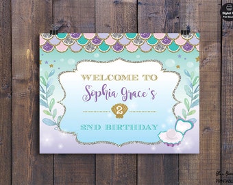 MERMAID BACKDROP. Mermaid Birthday Photo Booth Sign. Mermaid Princess Baby Shower Decor. Purple Teal Gold Silver Party Decoration. MER4