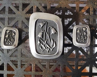 Pewter Pin & Earrings ... Vintage R. Tennesmed Sweden Floral Jewelry Brooch Set - Gift Idea !