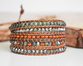 Leather wrap bracelet for women, Beaded wrap bracelet, Brown leather, Boho chic, Serpentine gemstone, Bohemian jewelry, Women gift idea