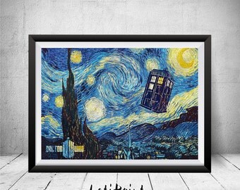 Doctor Who Starry Night Print, Tardis Print, Doctor Who Poster, Doctor Who Art, Doctor Who Wall Art, Vincent van Gogh, Dr Who Illustration