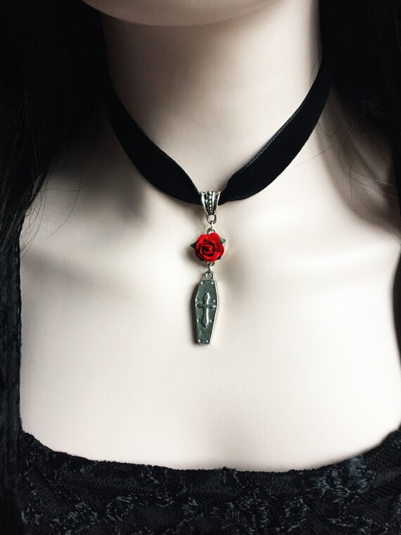Coffin Choker Necklace Red Rose Black Velvet Gothic