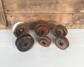 6 Vintage Pulleys, (E), Small Pulleys, Steel Pulleys, Metal, Industrial Decor, Rustic Decor, Home Decor, Farmhouse Decor, Garden Decor