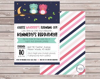 Slumber Party Invitation, Sleepover Invitation, Pajama Party Invite, Owl Invitation, Night Owl, Pink Owl - SET OF 10