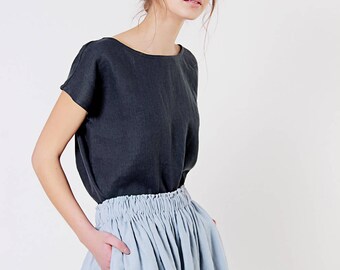 Linen Blouse, Charcoal Linen Top, Loose Linen Blouse Custom Color, Blouse with Linen T Shirt, Softened Linen Tee, Loose Top