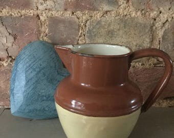 Vintage French Enamel Farmhouse Milk Jug in Cream and Brown