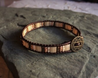 Bracelet, Leather Wrap, Japanese Miyuki Tila Beads, Toho Seed Beads, Metal Button, Bohemian Chic Jewelry