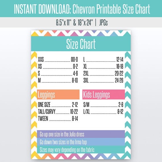 Chevron Size Chart 8.5x11 & 18x24 Printable by WaltersOnHisWay