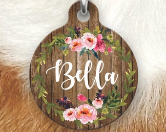 Floral Wood Pet Tag - Girly Pet Tag - Dog Tags For Dogs - Double sided Pet tag - Pet ID Tag - Dog Tag - Personalized Dog Tag-