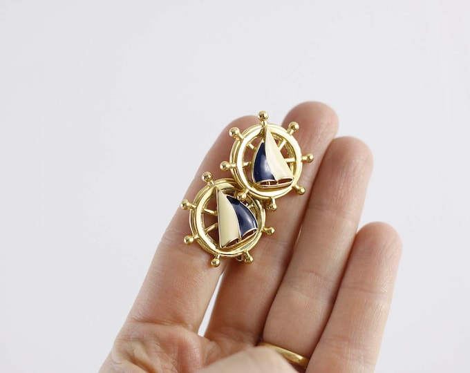 Vintage Nautical Earrings signed by Avon, Sailing boat earrings, Midcentury costume jewelry, clip-on earrings 1960s, sailing ship in wheel