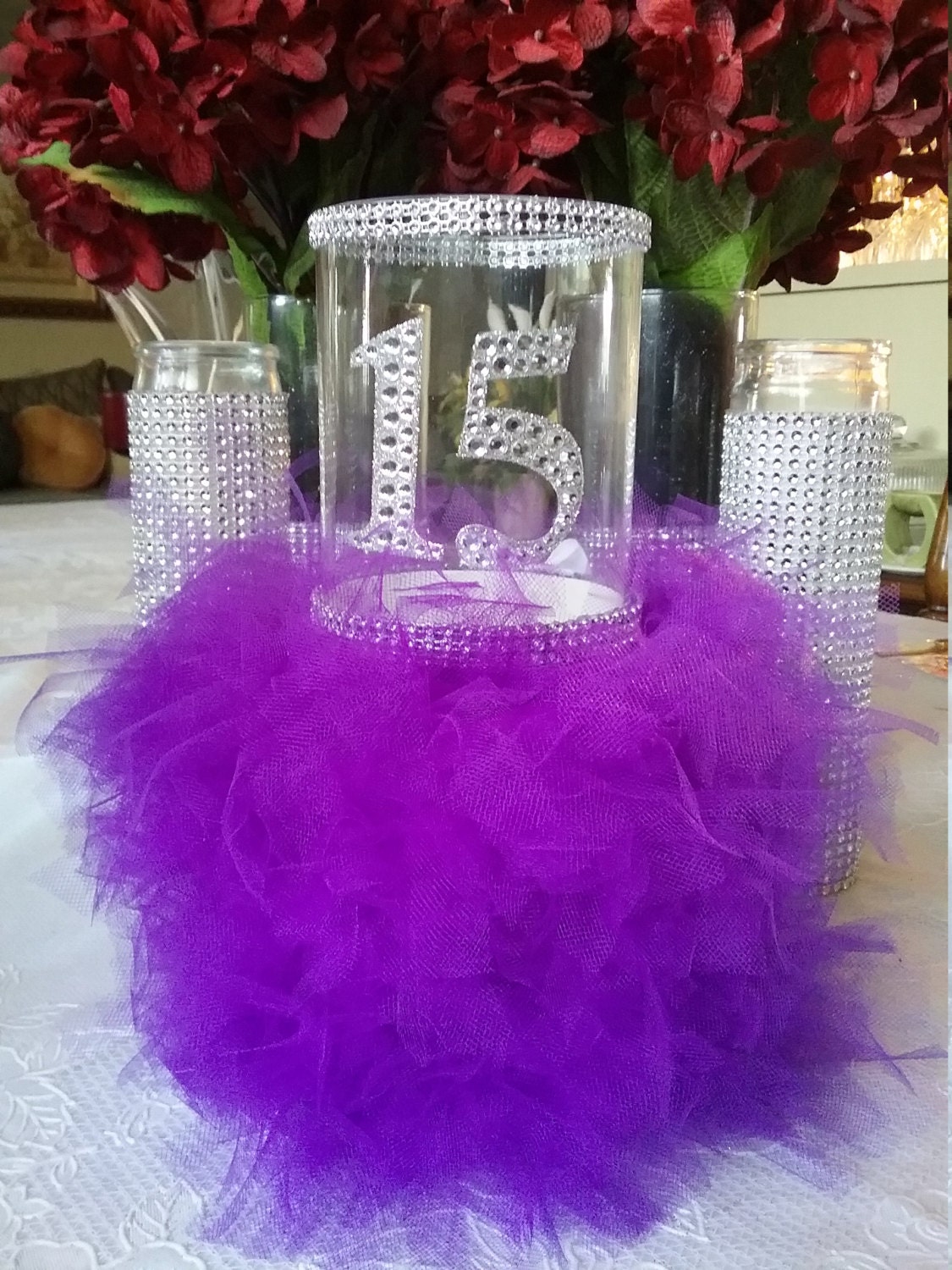 Vase Centerpiece Ideas For Parties : Happy quinceanera party vase centerpiece purple