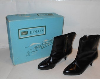 Vintage SEARS Zip up Black Leather Boots ,Women's Size 6.5 B, 2 3/4" Medium Heel, With Original Box #33201