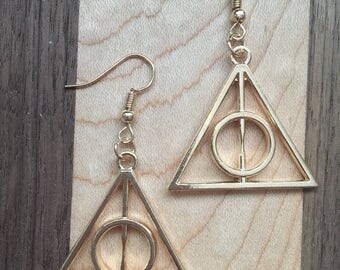 Deathly Hallows Earrings, Harry Potter Earrings, Gold Earrings, Harry Potter Jewelry